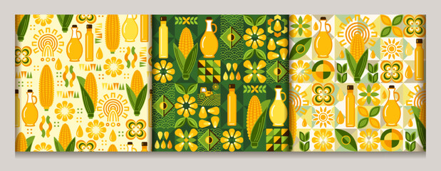Seamless geometric patterns with icons of corn cob, maize grains, kernels, corn oil. For branding, decoration of food package, decorative print for kitchen.