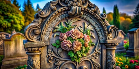 Fototapeta premium Detailed Tombstone Illustration with Intricate Carvings and Floral Accents for Historical Themes