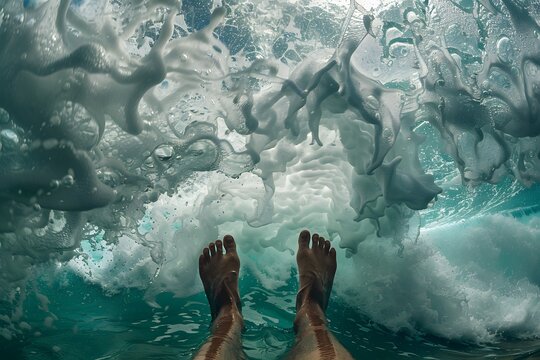 Captivating Underwater View of Feet Surrounded by Ocean Waves