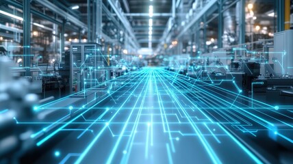 Fototapeta premium Futuristic factory interior showcasing advanced technology with digital lines illuminating the industrial space.