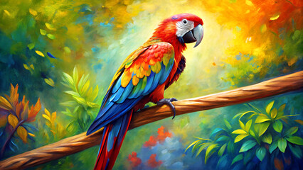 Bright colorful parrot oil painting and palette knife, conceptual portrait macaw parrot