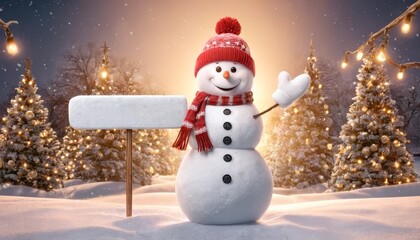Fototapeta premium A smiling cute snowman with a knitted scarf and hat, holding a blank chalkboard or blackboard banner with space for adding text or a message.
