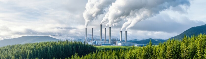Industrial landscape featuring smoke stacks emitting emissions above a lush forest and mountains under a cloudy sky.