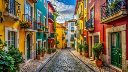 Fototapeta premium Discover a Charming Alley in Lisbon: A Hidden Gem of Colorful Architecture and Cobblestone Streets in Portugal