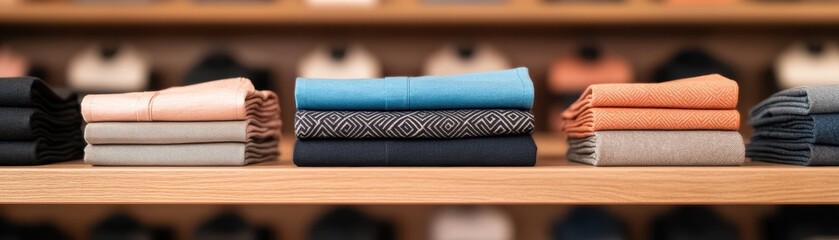 Colorful folded fabrics displayed neatly on a wooden shelf, showcasing various textiles in an organized, visually appealing manner.