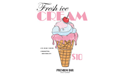 Cherry ice cream design. Fresh ice cream graphic print design for t shirt, apparel, posters, background and others. Retro ice cream hand drawn vector art, Enjoy summer with sweet ice cream. 