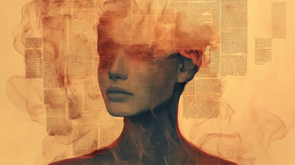 sepia filter black white sad woman depressed female portrait confused anxious woman black watercolor mental health concept digital artwork mixed media collage art ink drawing illustration on newspaper