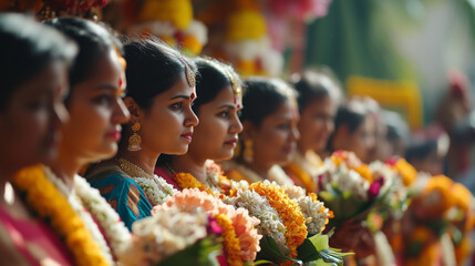 Kanathur Nalvar Guruparan Swamigal Vizha, devotees line up in traditional Tamil attire, carrying offerings and flowers to the temple in Kanathur, Ai generated images