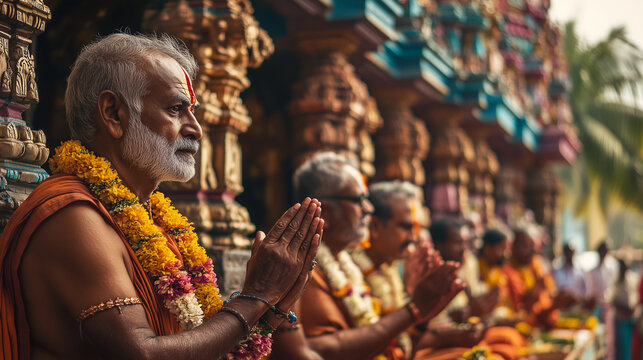 Kanathur Nalvar Guruparan Swamigal Vizha, devotees line up in traditional Tamil attire, carrying offerings and flowers to the temple in Kanathur, Ai generated images