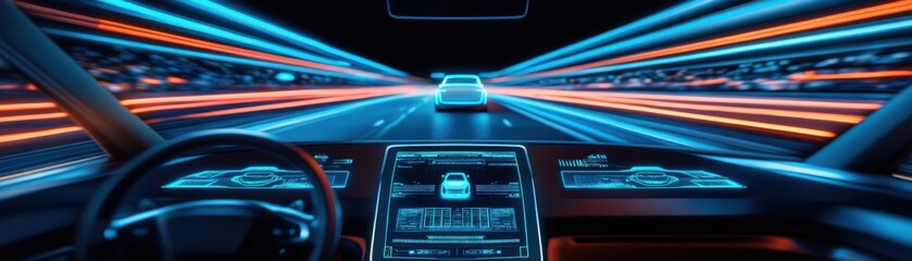 Futuristic car interior with illuminated dashboard and dynamic light trails depicting high-speed travel on a modern road.