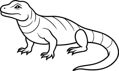 Komodo Dragon walking outline vector and line art illustration design. A komodo dragon lizard cartoon character. Komodo Dragon Animal Isolated Coloring Page.