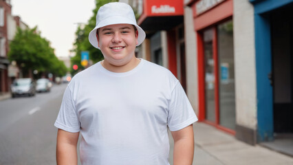 Fototapeta premium Plus size teenage boy wearing white t-shirt and white bucket hat standing on the street