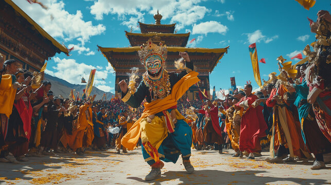 The atmosphere of the Hemis Festival at the peak of the afternoon, monks dancing under a bright blue sky, surrounded by spectators who crowded the monastery yard. Ai generated images