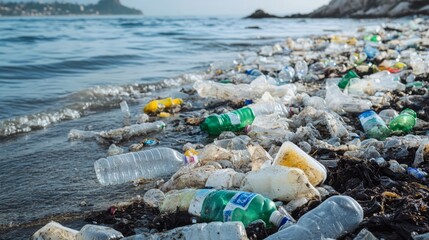 Plastic Pollution on Beach: A stark reminder of the environmental impact of plastic waste, with a multitude of plastic bottles, containers, and other debris littering a picturesque coastline.