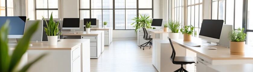 Fototapeta premium Modern office interior with desks, computers, and indoor plants promoting a productive and inviting workspace.