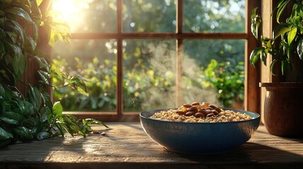   A bowl of oatmeal sits on a table before a window with an outdoor view