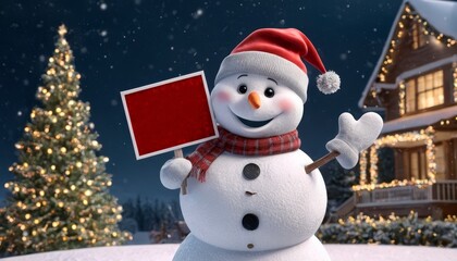 Obraz premium A smiling cute snowman with a knitted scarf and hat, holding a blank chalkboard or blackboard banner with space for adding text or a message.