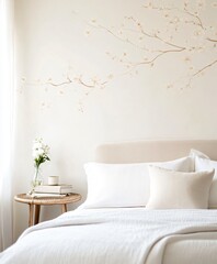 bedroom with bed and pillows, floral pattern wallpaper