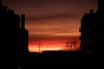 Fototapeta premium Contours of buildings against the background of the setting sun