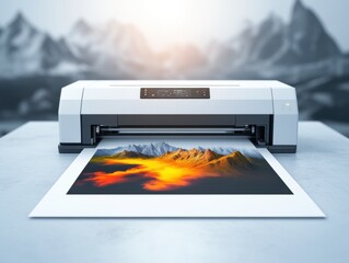 Modern printer producing vibrant landscape print with mountains in the background, showcasing advanced printing technology.