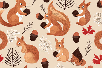 Cheerful squirrels gathering acorns, on a soft brown background, perfect for an autumn-inspired cute animal pattern