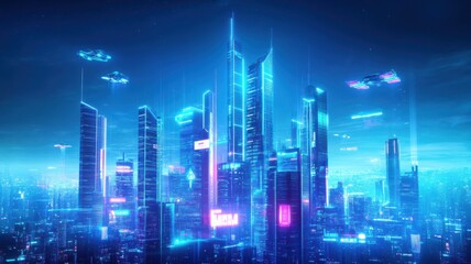 Obraz premium Futuristic cityscape featuring neon lights, skyscrapers, and advanced technology, representing a vibrant urban landscape.