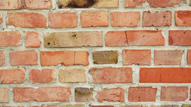 Old brick wall of red and orange color - abstract background composition. Texture of bricks with stucco with holes and scuffs. Video footage about vintage damaged masonry textured surface in 4k 25FPS