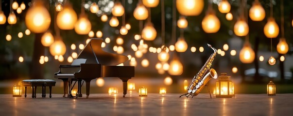 Fototapeta premium Elegant piano and saxophone under glowing lights create a serene musical ambiance for relaxation and inspiration.