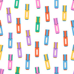Seamless pattern with cute colorful marker pens or highlighters. School stationery or office supplies. Vector illustration in flat style