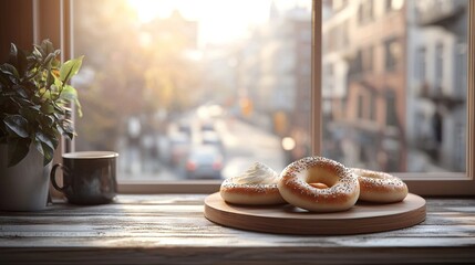Obraz premium A pair of doughnuts atop a wooden board alongside a cup of coffee on a windowsill