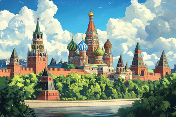 Fototapeta premium A vibrant illustration of St. Basil's Cathedral in Moscow during a sunny day