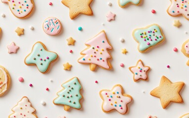 Seamless pattern of sugar cookies with colorful frosting and sprinkles on a soft white background, evoking holiday dessert cheer