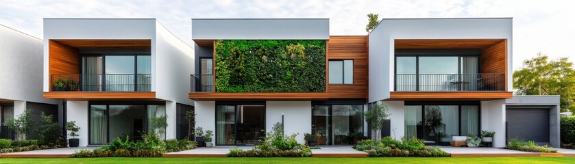 Modern house design featuring green walls and large windows, blending nature with contemporary architecture.