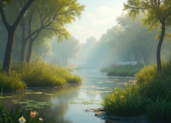 Magical sunbeams illuminating a misty forest river in springtime