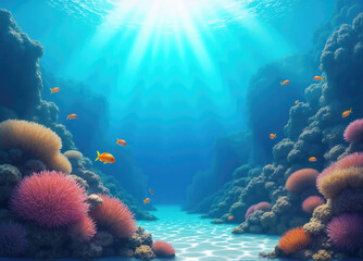 Obraz premium Sunlight shining through water surface on colorful coral reef with exotic fish swimming