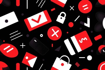 Sophisticated black and red pattern with bold percentage signs and shopping icons, perfect for elegant sales