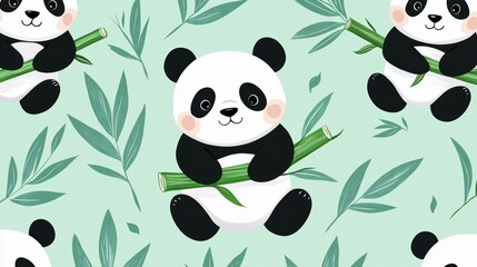 Cute pandas munching bamboo, scattered on a mint green background, perfect for a fun and adorable design