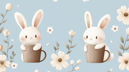 Fototapeta premium Sweet bunnies hopping among flowers, set against a soft sky-blue background, creating a charming, seamless design