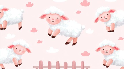 Naklejka premium Fluffy lambs jumping over fences, on a light pink background, ideal for creating a soft and cute animal design