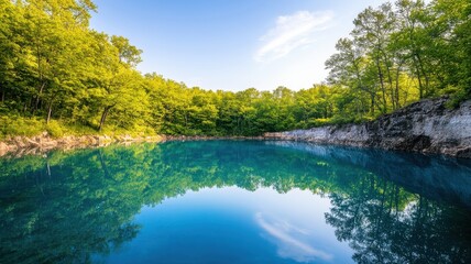 Serene lake surrounded by lush greenery, reflecting a clear blue sky and inviting tranquility for nature lovers.