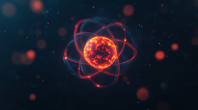 An atomic model representing a vibrant atom with glowing electrons and particles, set against a dark, blurred background.