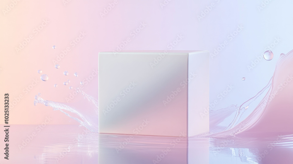 Poster minimal pastel packaging box with splash of water, creating serene and refreshing atmosphere. soft colors enhance visual appeal