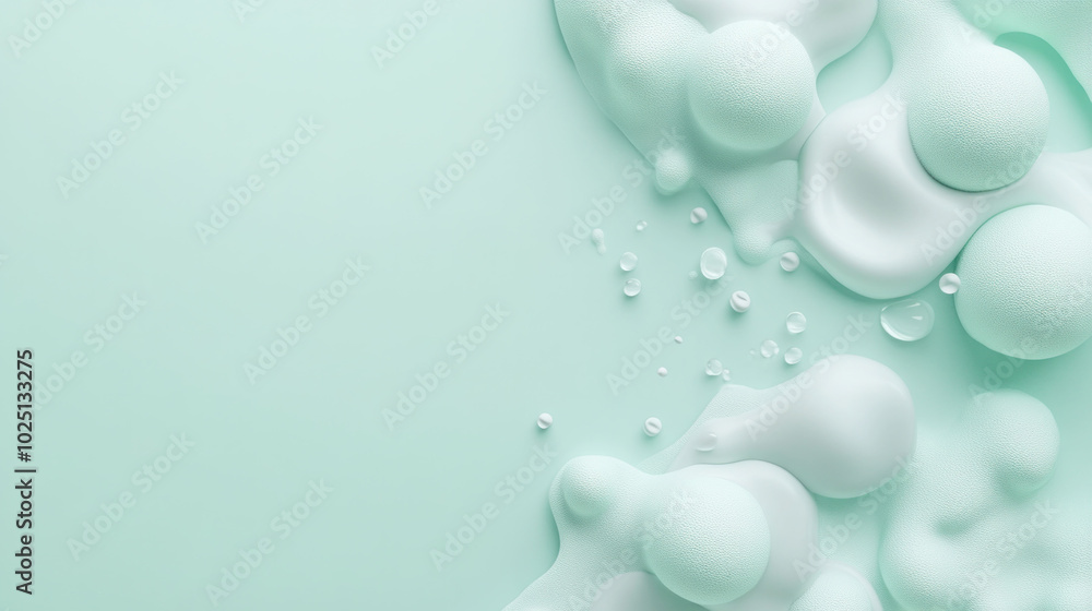 Poster smooth, organic textures create clusters on soft mint background, evoking sense of calm and tranquil