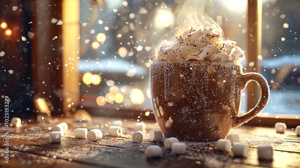 Poster hot chocolate with marshmallows on table by window during snowfall
