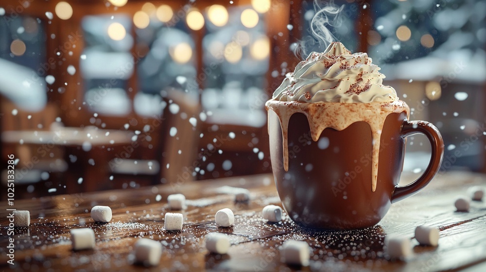 Poster cup of hot cocoa and marshmallows on a wooden table with a fuzzy background of lights