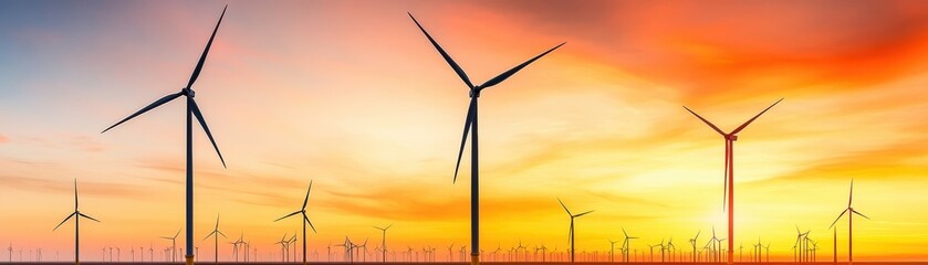 Panoramic view of wind turbines against a vibrant sunset, symbolizing renewable energy and sustainable development.