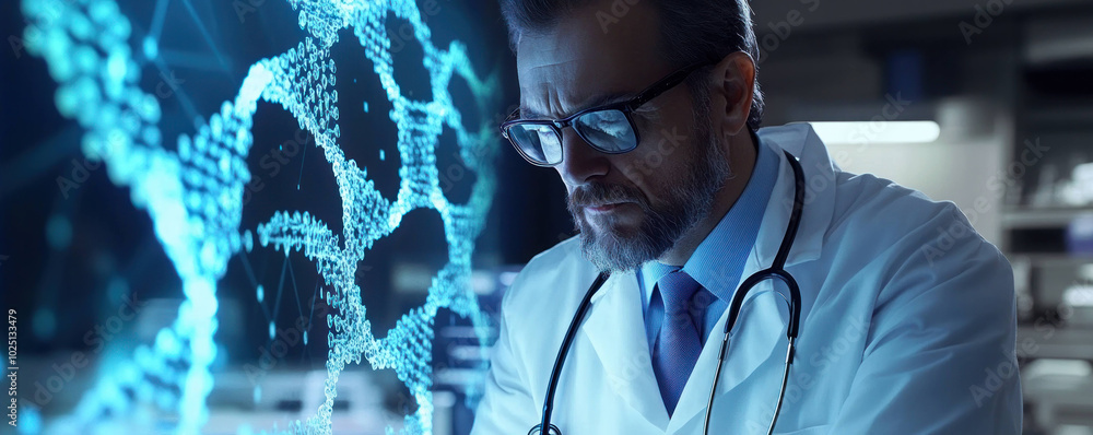 Poster focused doctor in lab setting examines digital data, showcasing advanced technology and medical expe