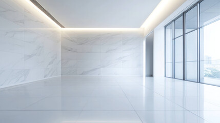 Obraz premium modern clean room with white tile floor and ceiling, featuring large windows that allow natural light to fill space, creating bright and airy atmosphere