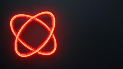 Naklejka premium A vibrant red neon atom symbol against a dark background, representing atomic energy and modern science concepts.