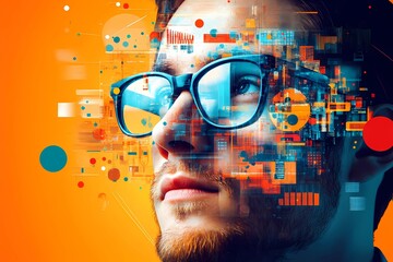 Young man with glasses surrounded by digital interface and data graphics, symbolizing consumer behavior analysis, market insights, and decision-making in modern marketing on orange background